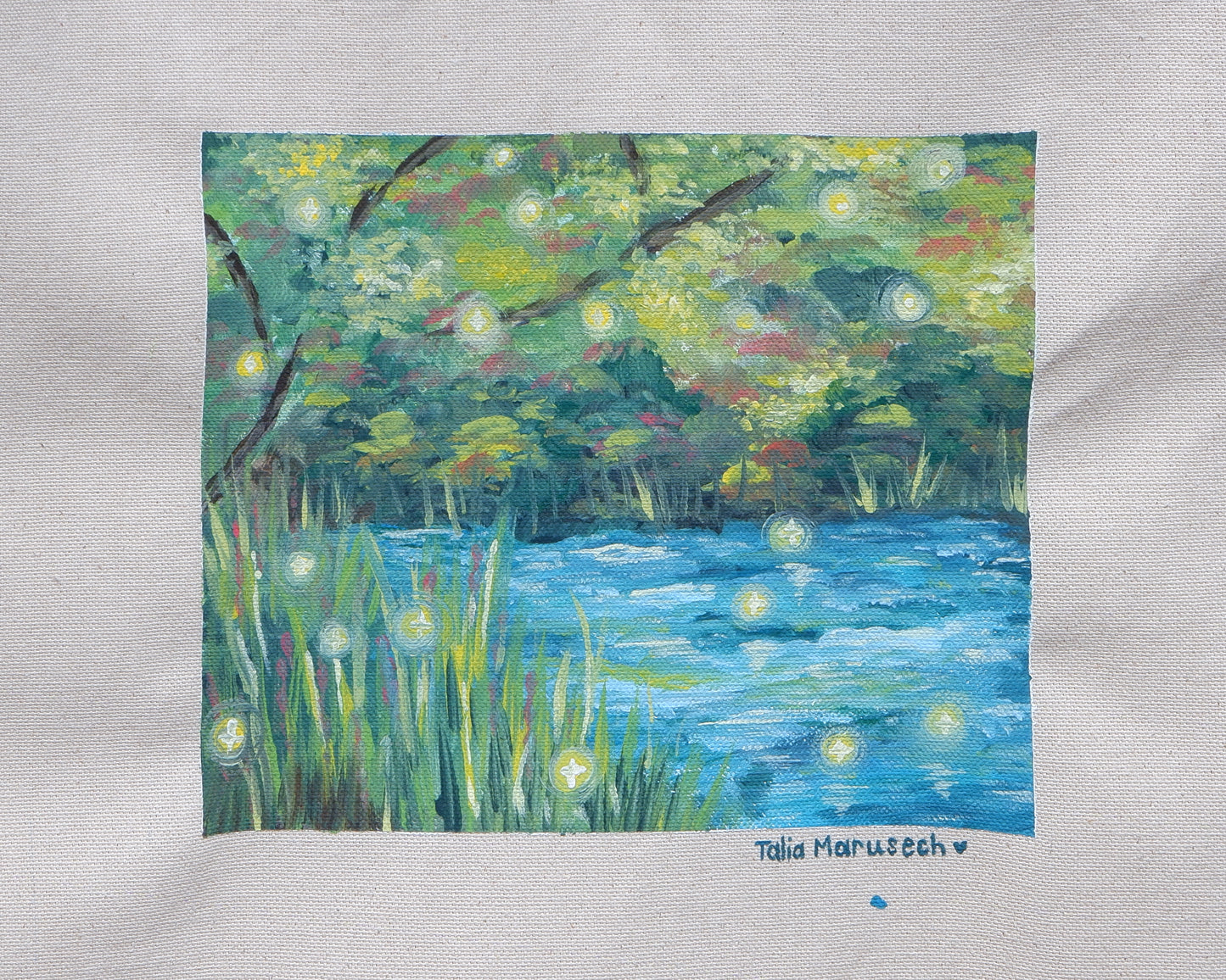 Hand Painted Firefly Pond Tote Bag