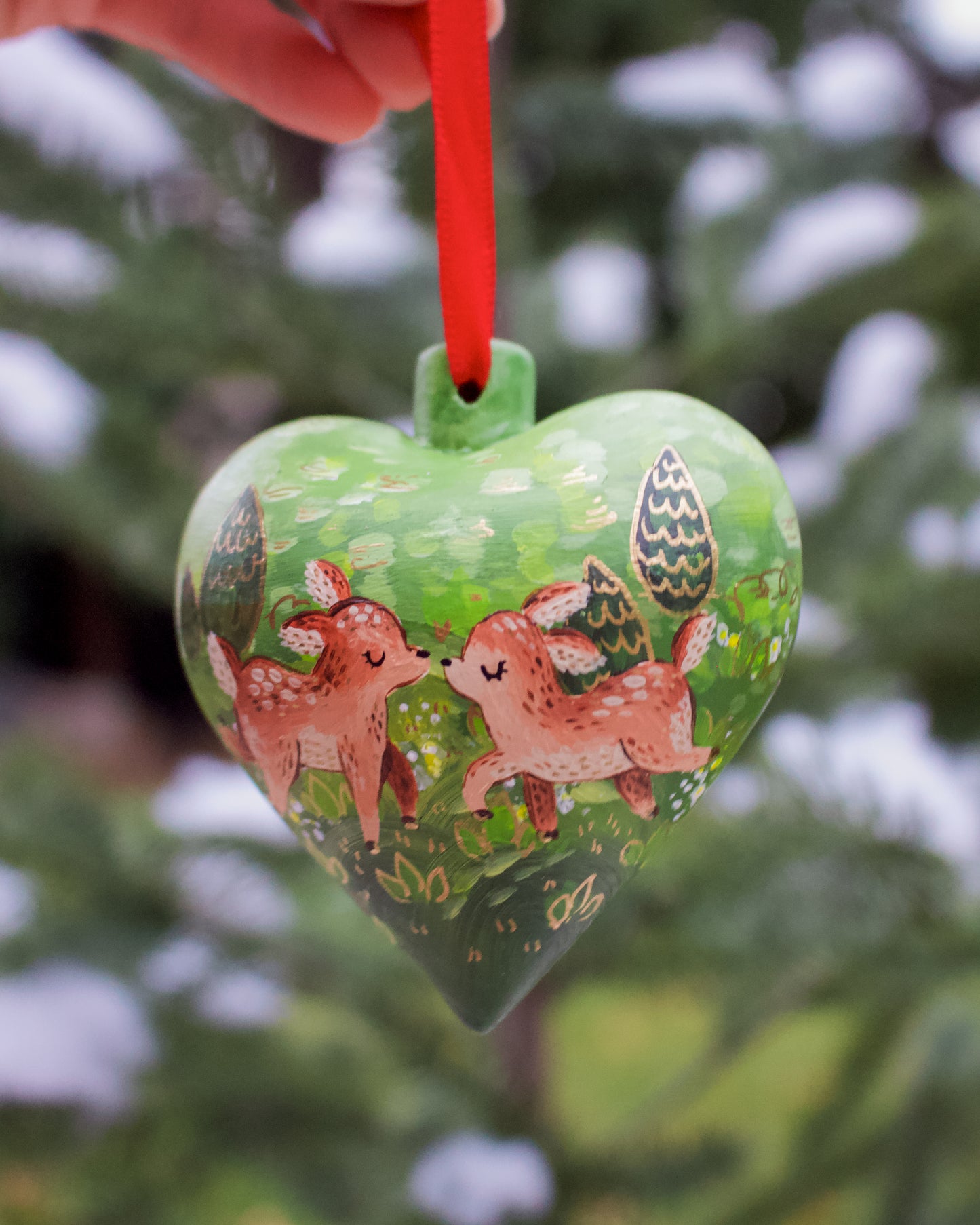 Two Deer in a Heart - Hand-Painted Ceramic Ornament