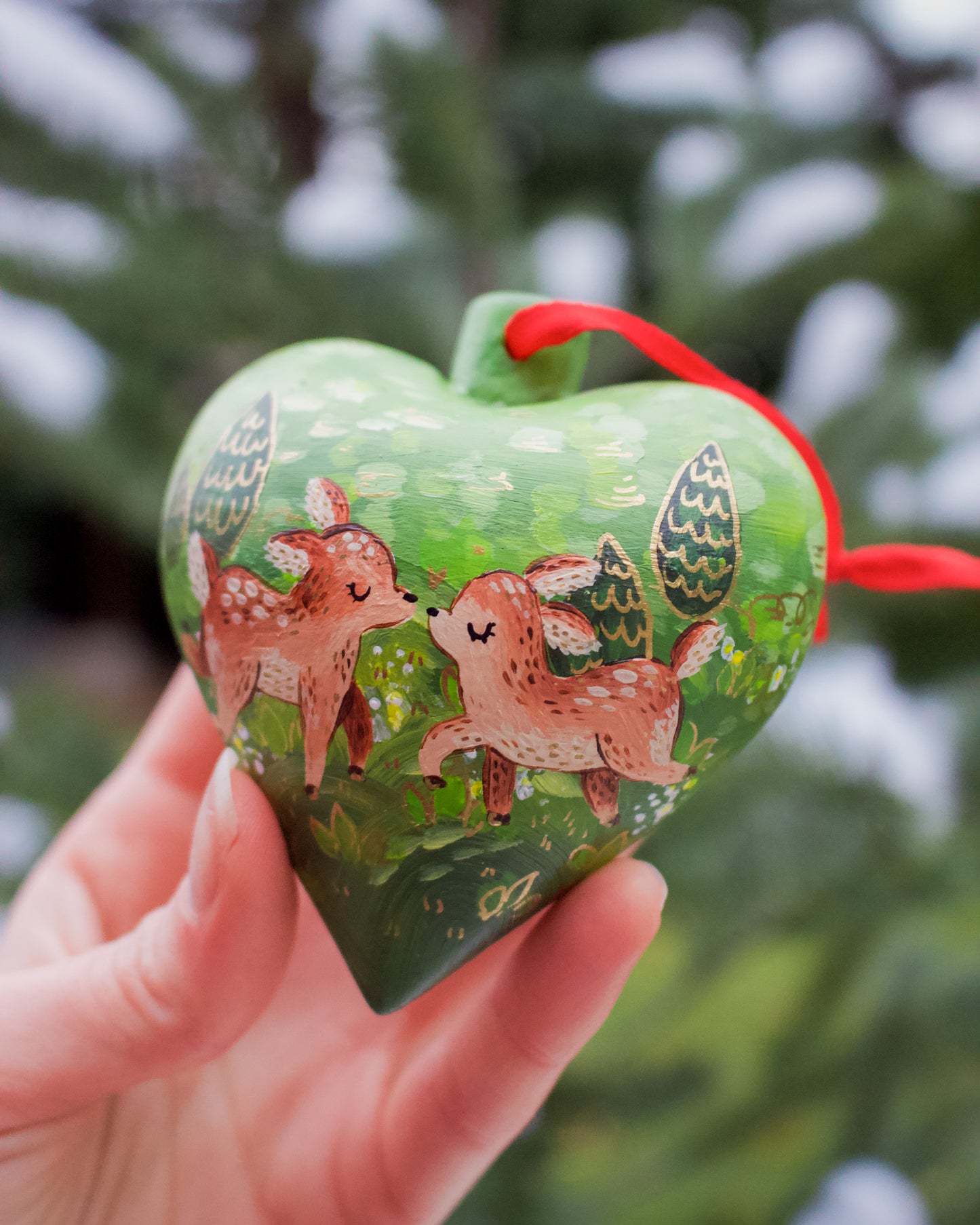 Two Deer in a Heart - Hand-Painted Ceramic Ornament