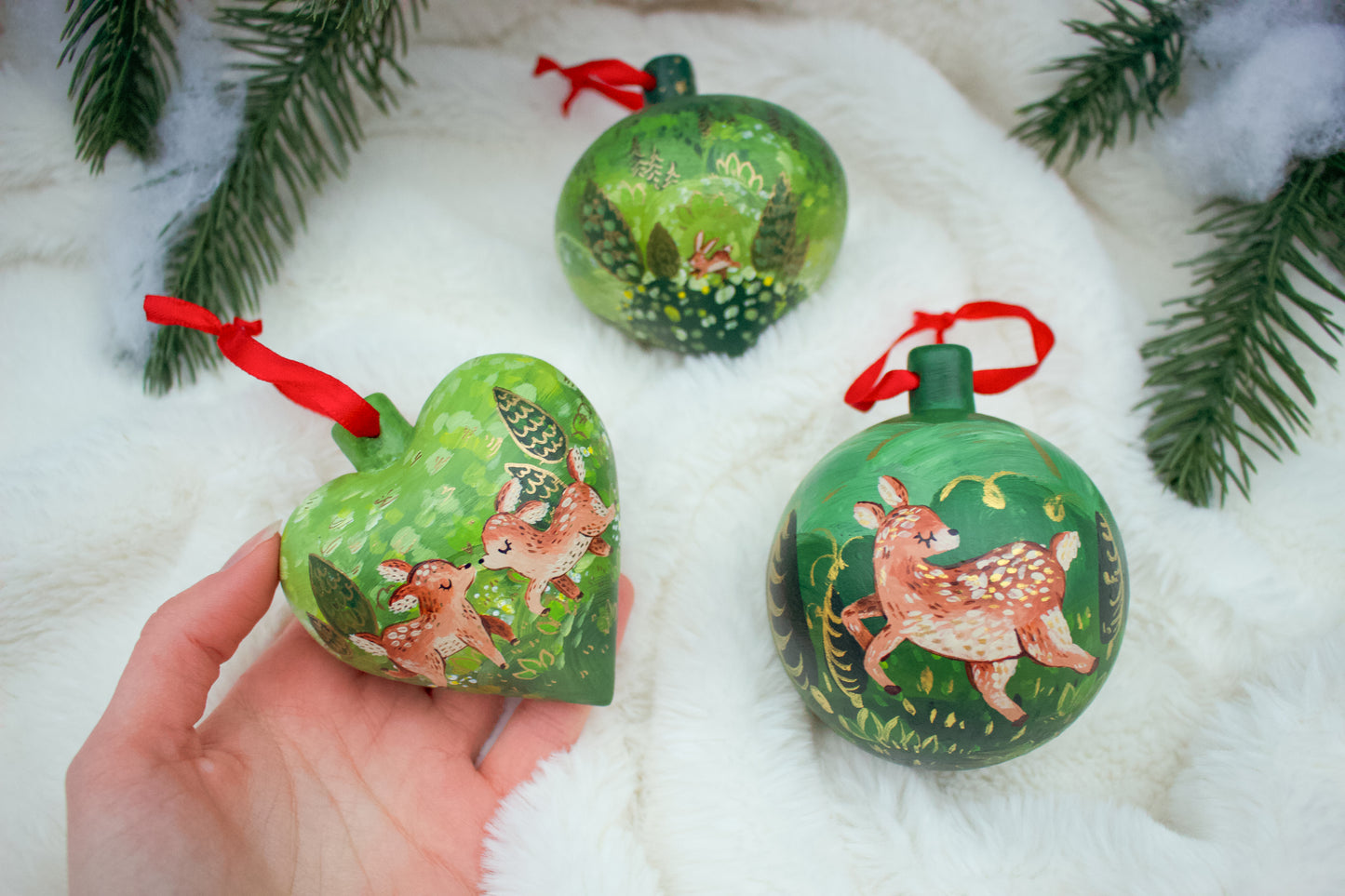 Two Deer in a Heart - Hand-Painted Ceramic Ornament
