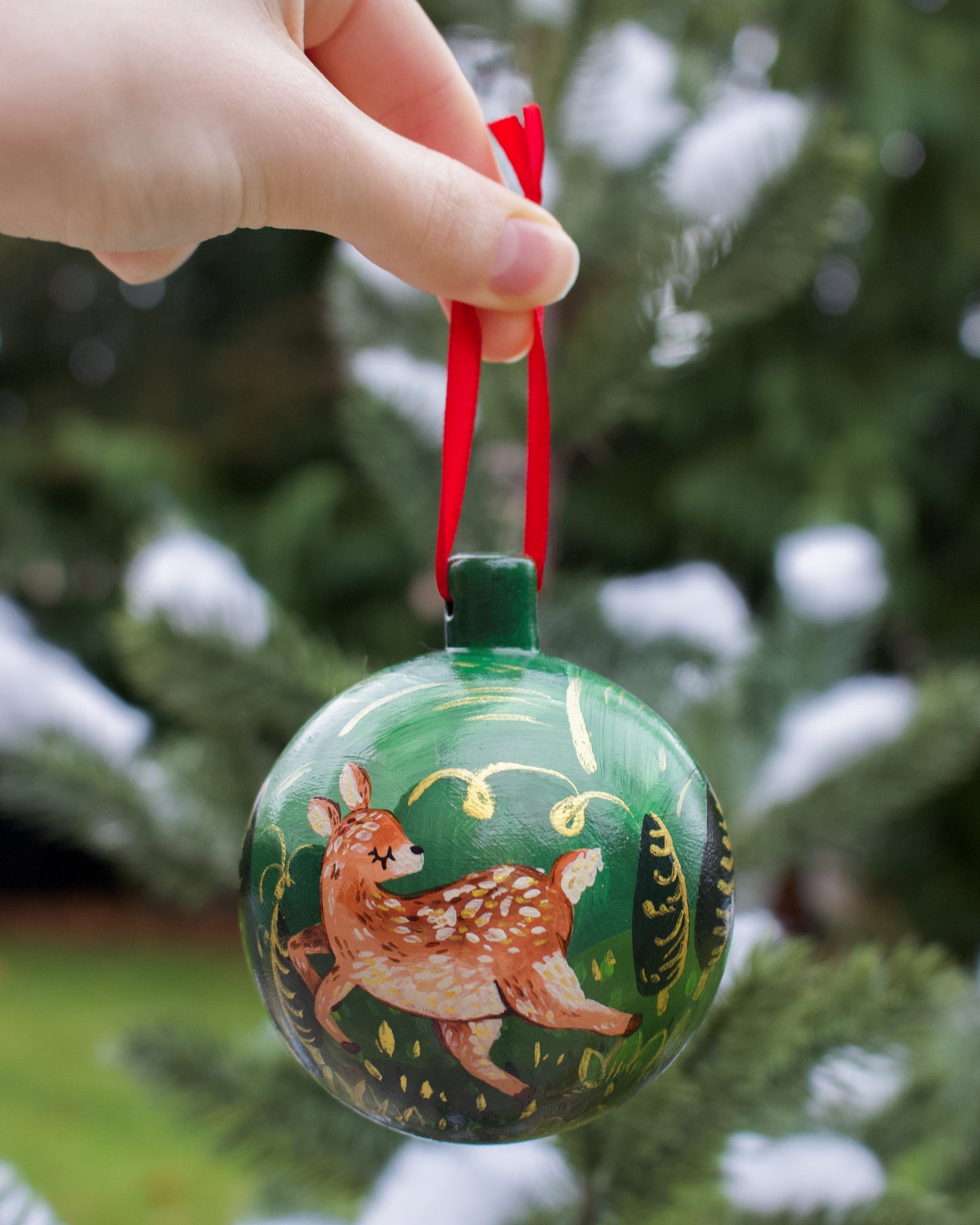 Deer Frolicking in the Forest - Round Hand-Painted Ceramic Ornament