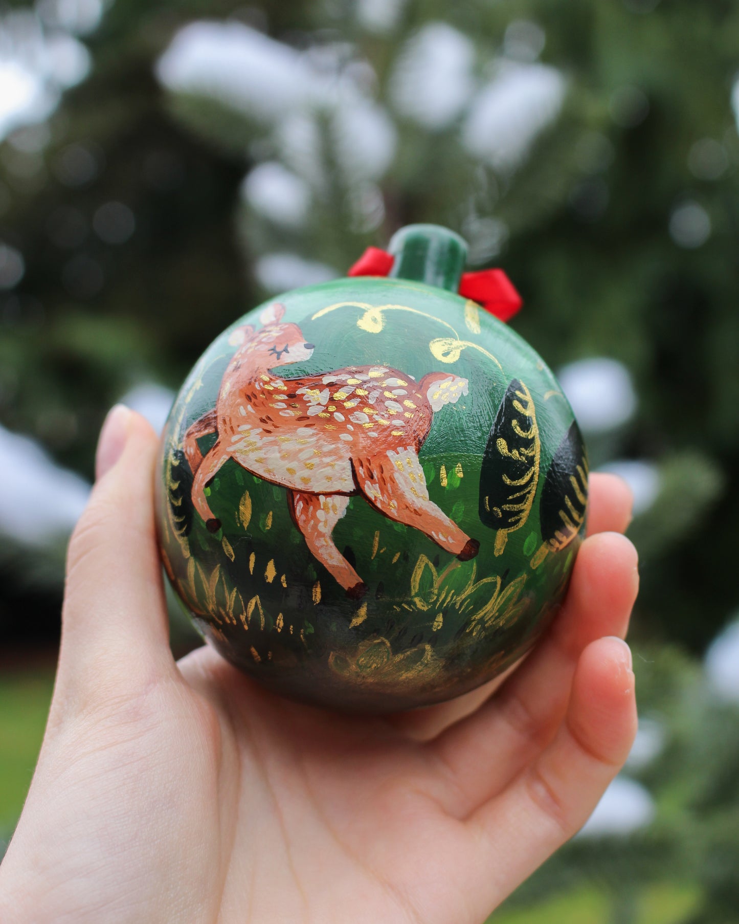 Deer Frolicking in the Forest - Round Hand-Painted Ceramic Ornament