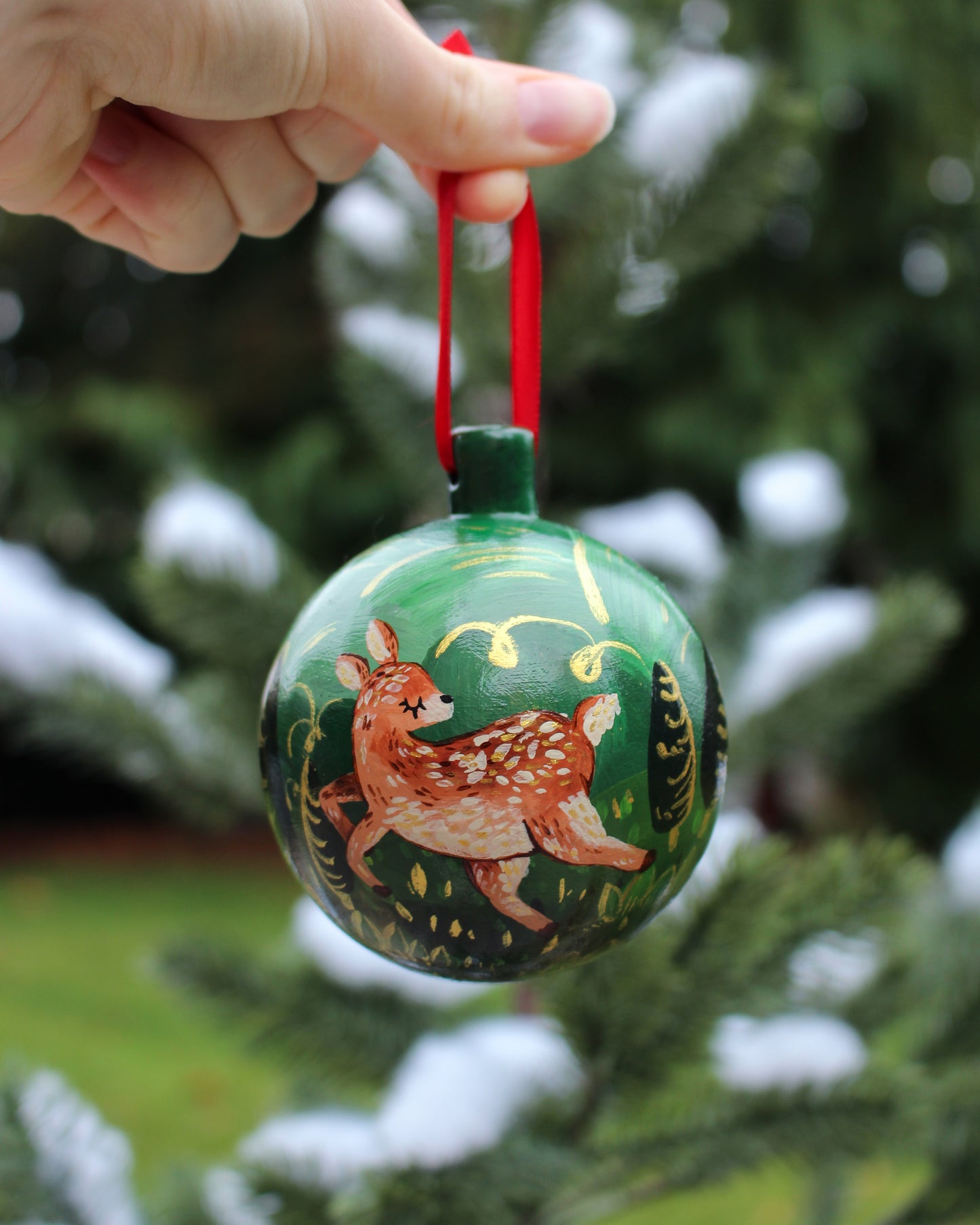 Deer Frolicking in the Forest - Round Hand-Painted Ceramic Ornament