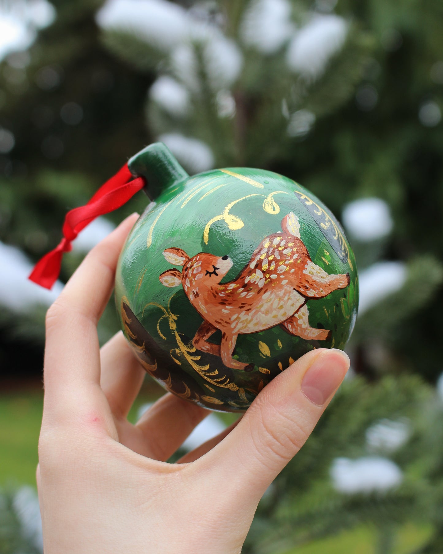 Deer Frolicking in the Forest - Round Hand-Painted Ceramic Ornament