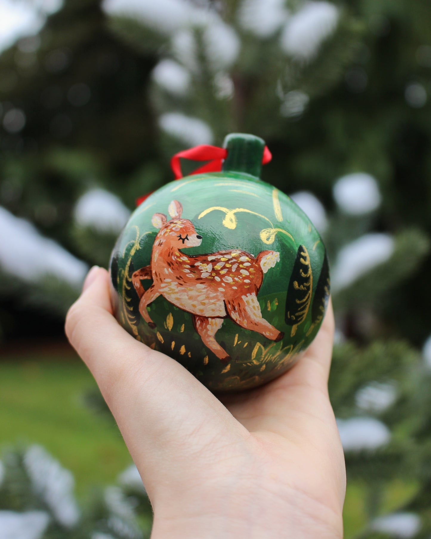 Deer Frolicking in the Forest - Round Hand-Painted Ceramic Ornament