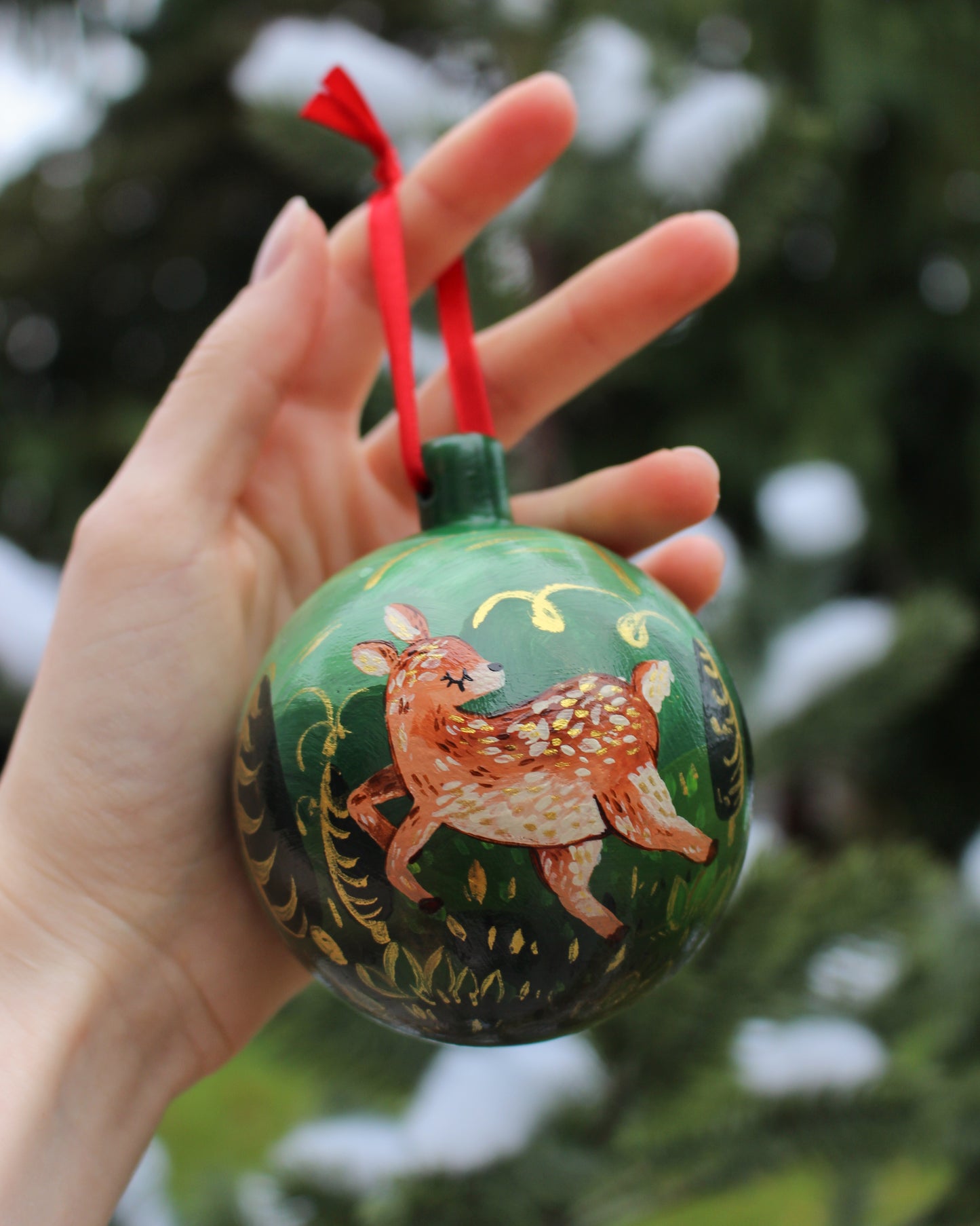 Deer Frolicking in the Forest - Round Hand-Painted Ceramic Ornament