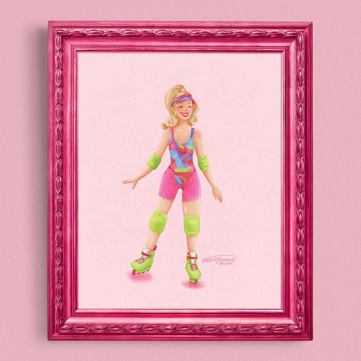 'Pink Retro Rollerblading Girl' Art Print