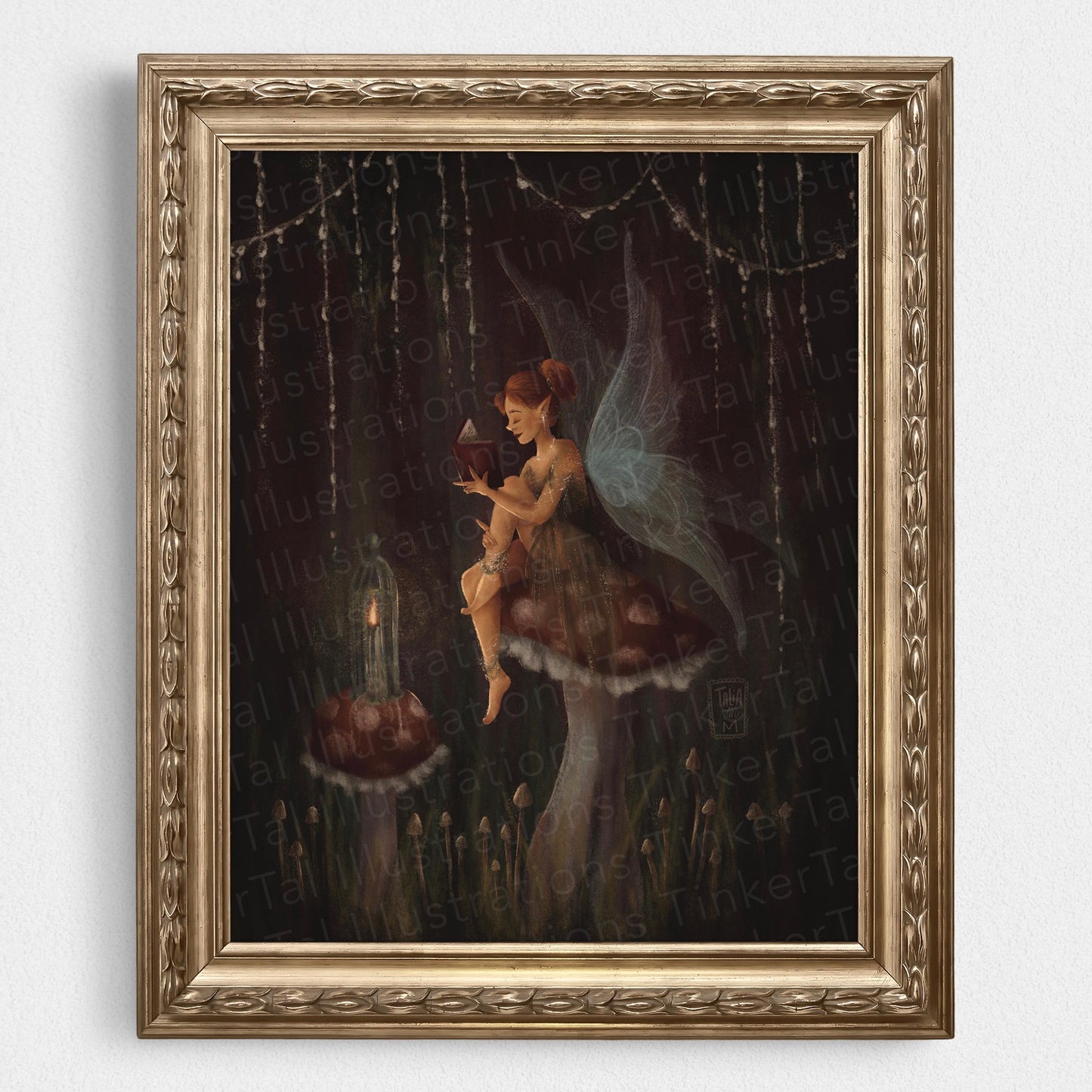 'Whimsical Reading Forest Fairy on a Mushroom' Art Print