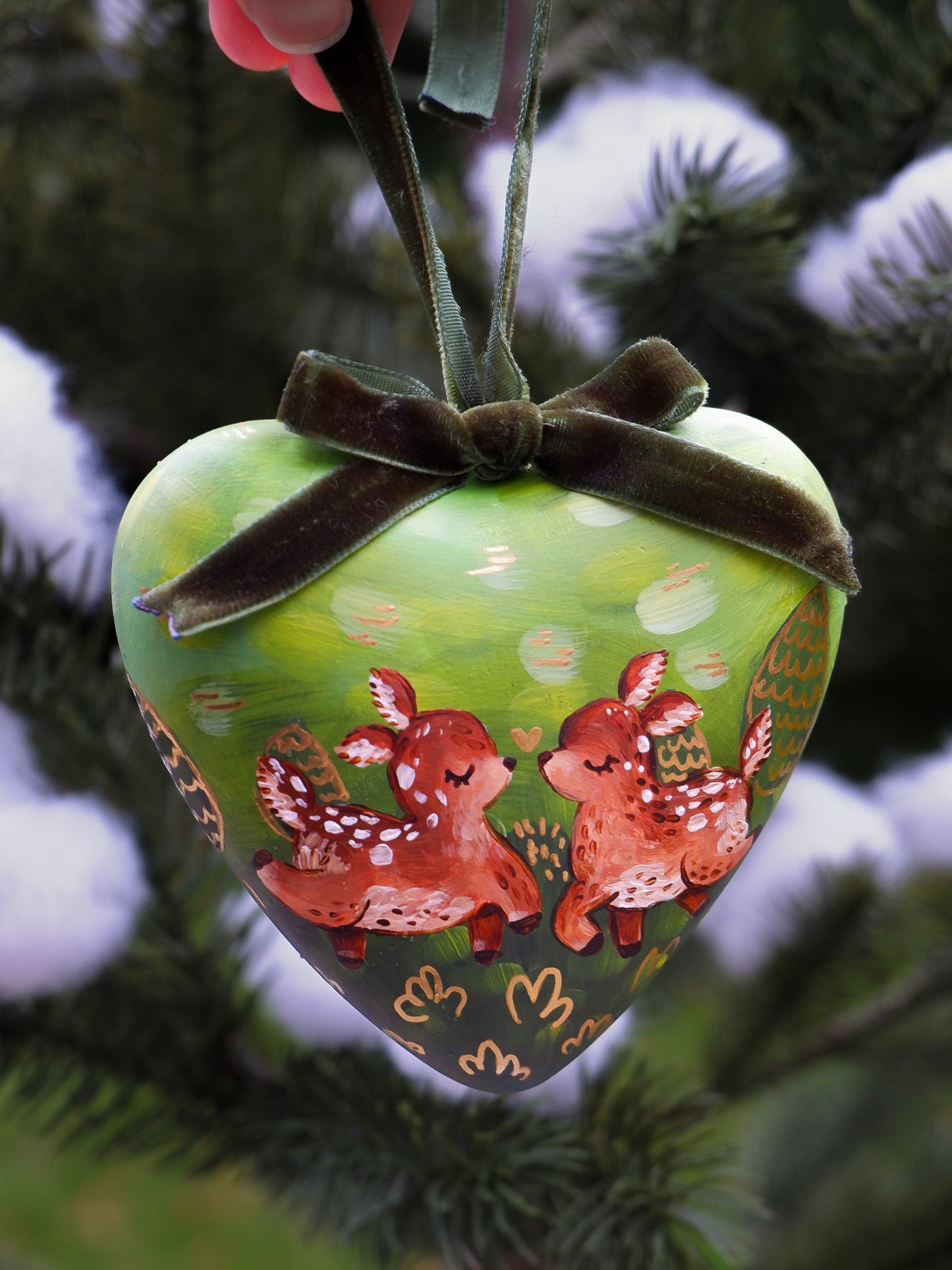 Two Deer in a Love Heart -  Hand-Painted Ceramic Heirloom Ornaments (2)