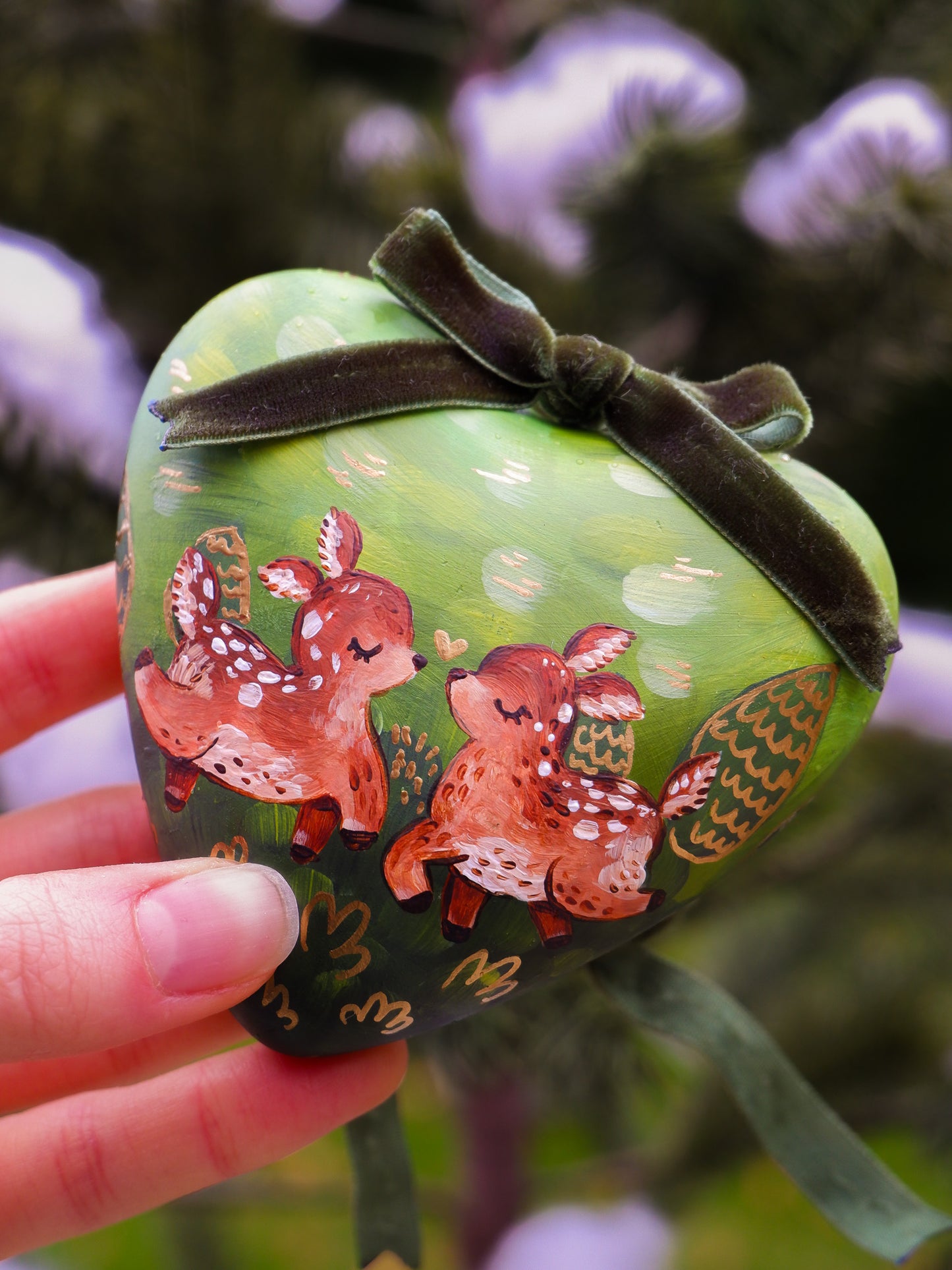 Two Deer in a Love Heart -  Hand-Painted Ceramic Heirloom Ornaments (2)