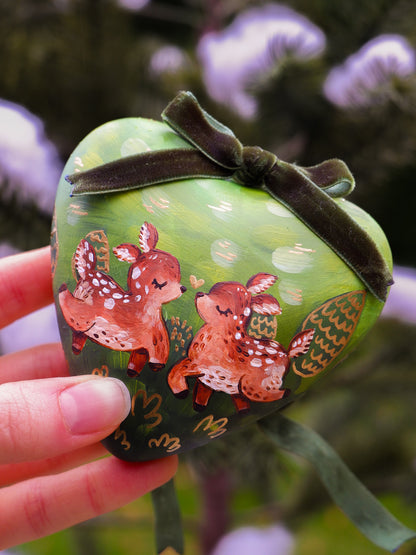 Two Deer in a Love Heart -  Hand-Painted Ceramic Heirloom Ornaments (2)