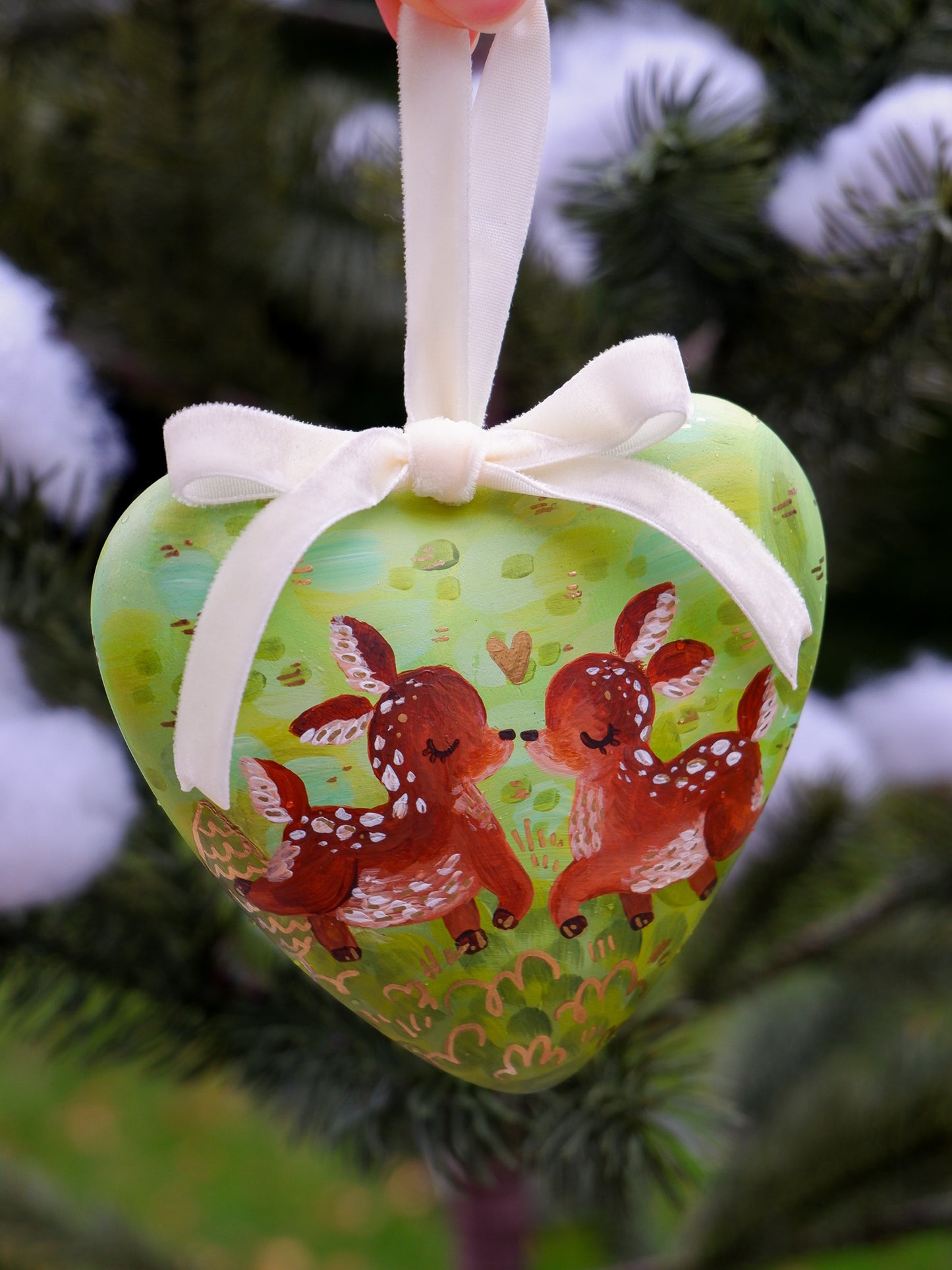 Two Deer in a Love Heart -  Hand-Painted Ceramic Heirloom Ornaments (2)