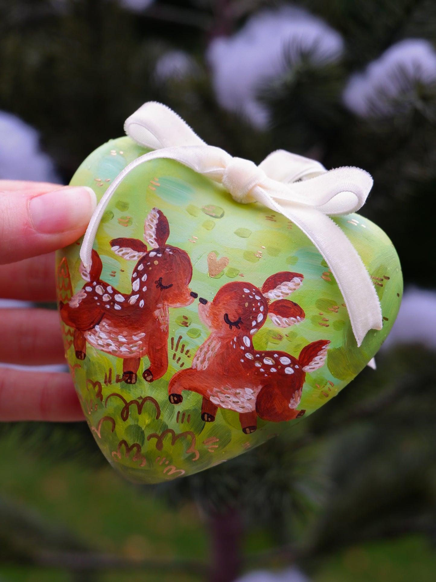 Two Deer in a Love Heart -  Hand-Painted Ceramic Heirloom Ornaments (2)