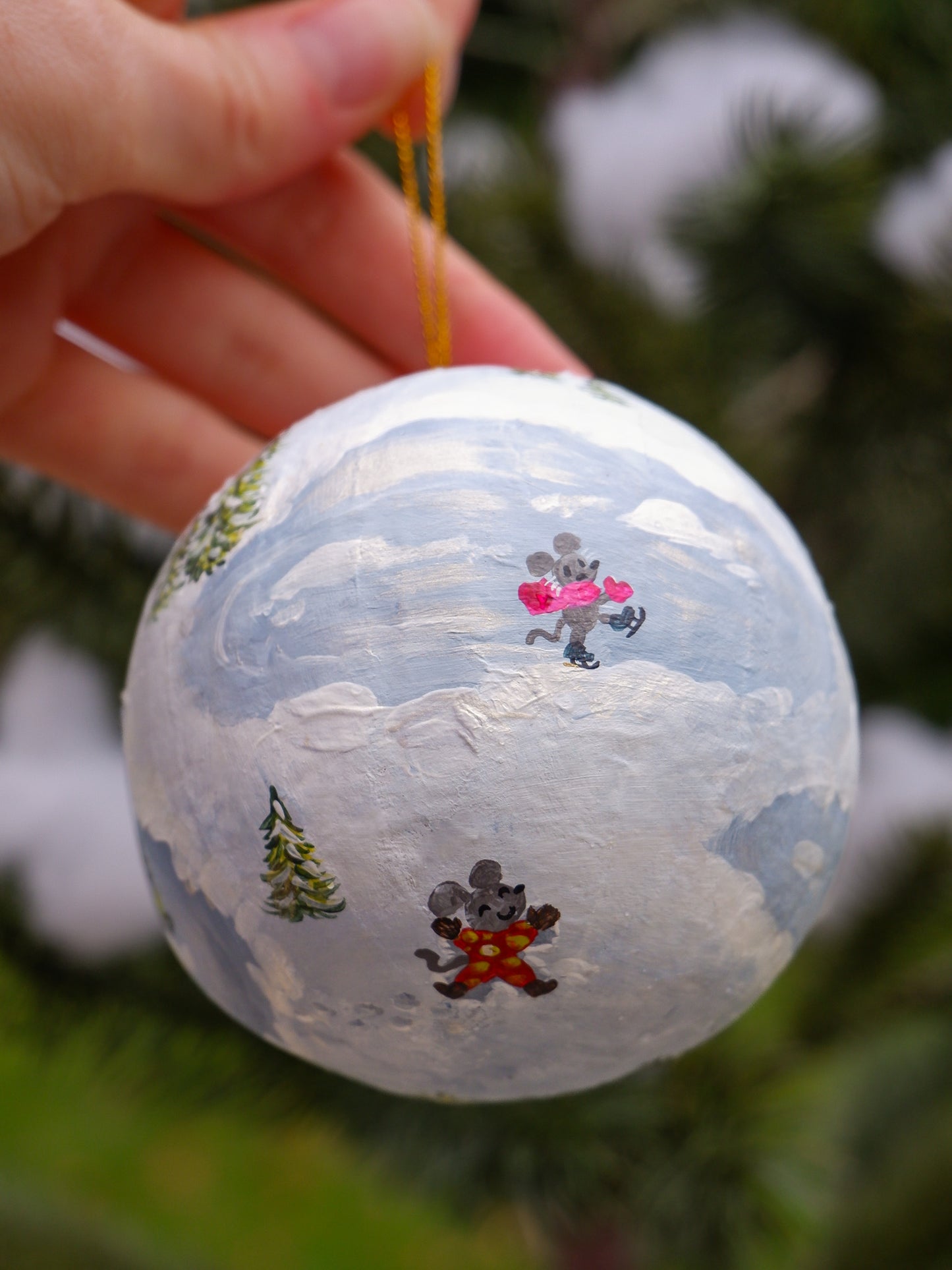 Ice Skating Mice, Winter Fun - Hand-Painted Heirloom Ornament