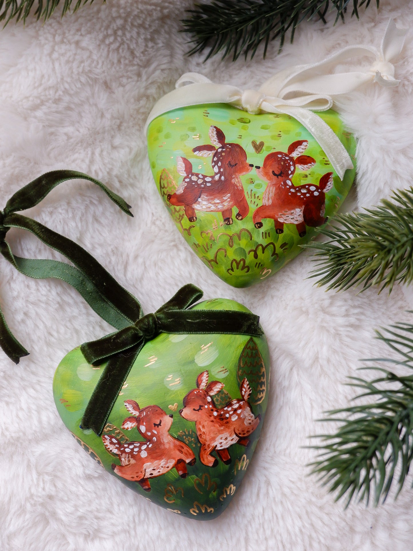 Two Deer in a Love Heart -  Hand-Painted Ceramic Heirloom Ornaments (2)