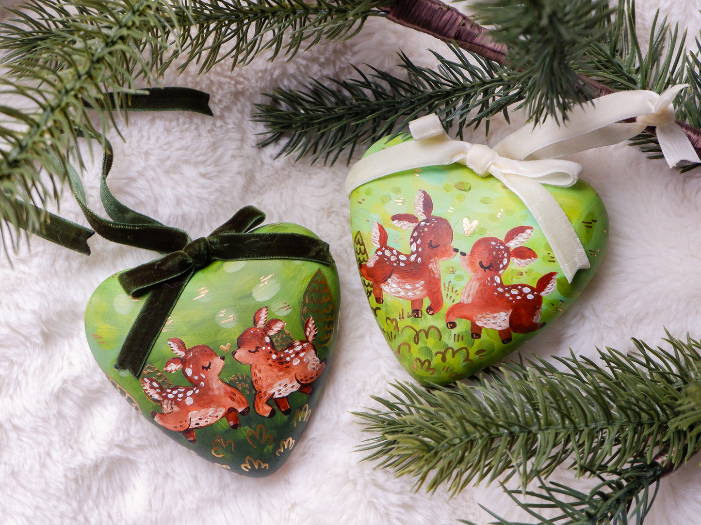 Two Deer in a Love Heart -  Hand-Painted Ceramic Heirloom Ornaments (2)