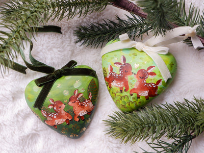 Two Deer in a Love Heart -  Hand-Painted Ceramic Heirloom Ornaments (2)