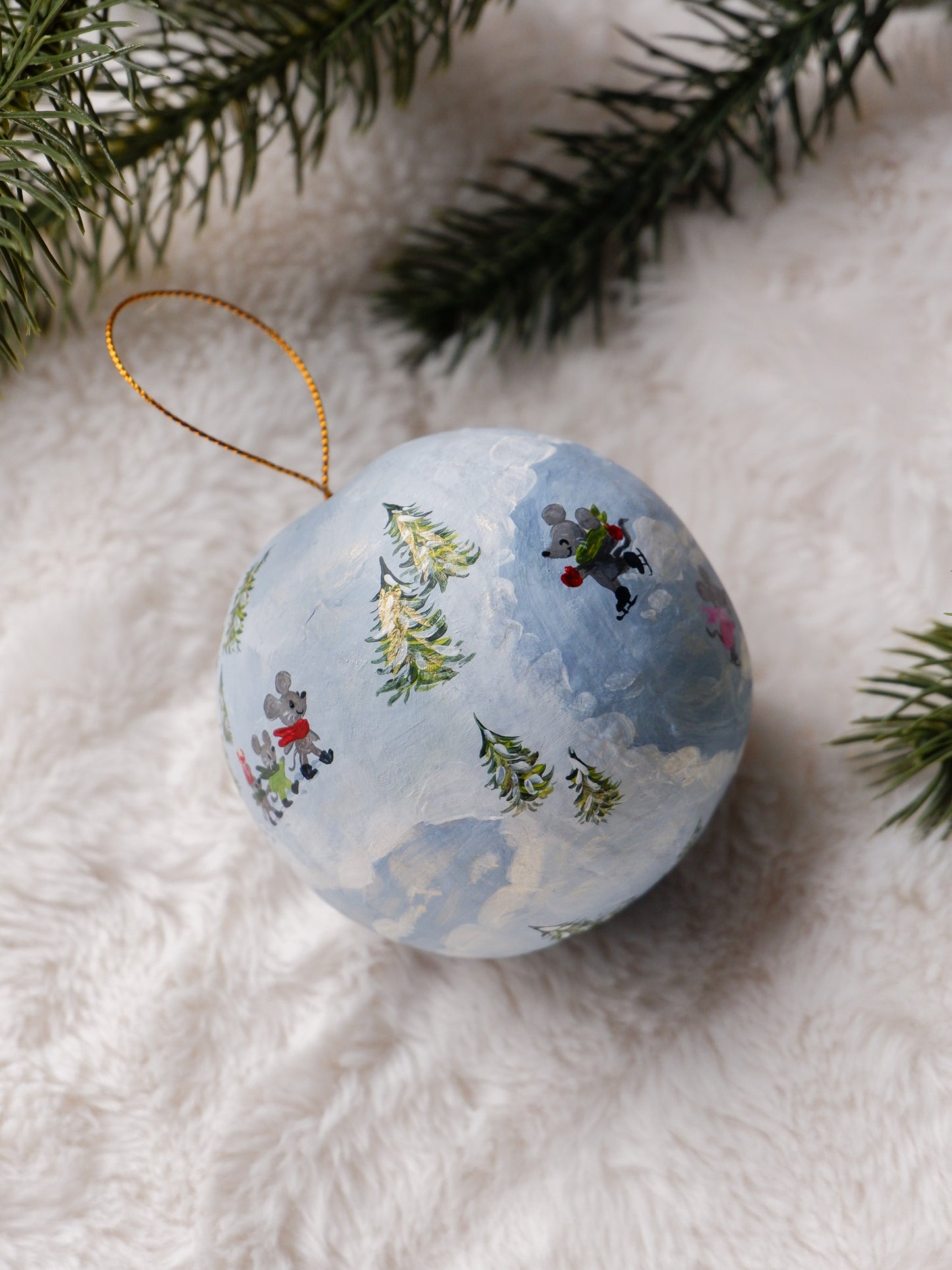 Ice Skating Mice, Winter Fun - Hand-Painted Heirloom Ornament
