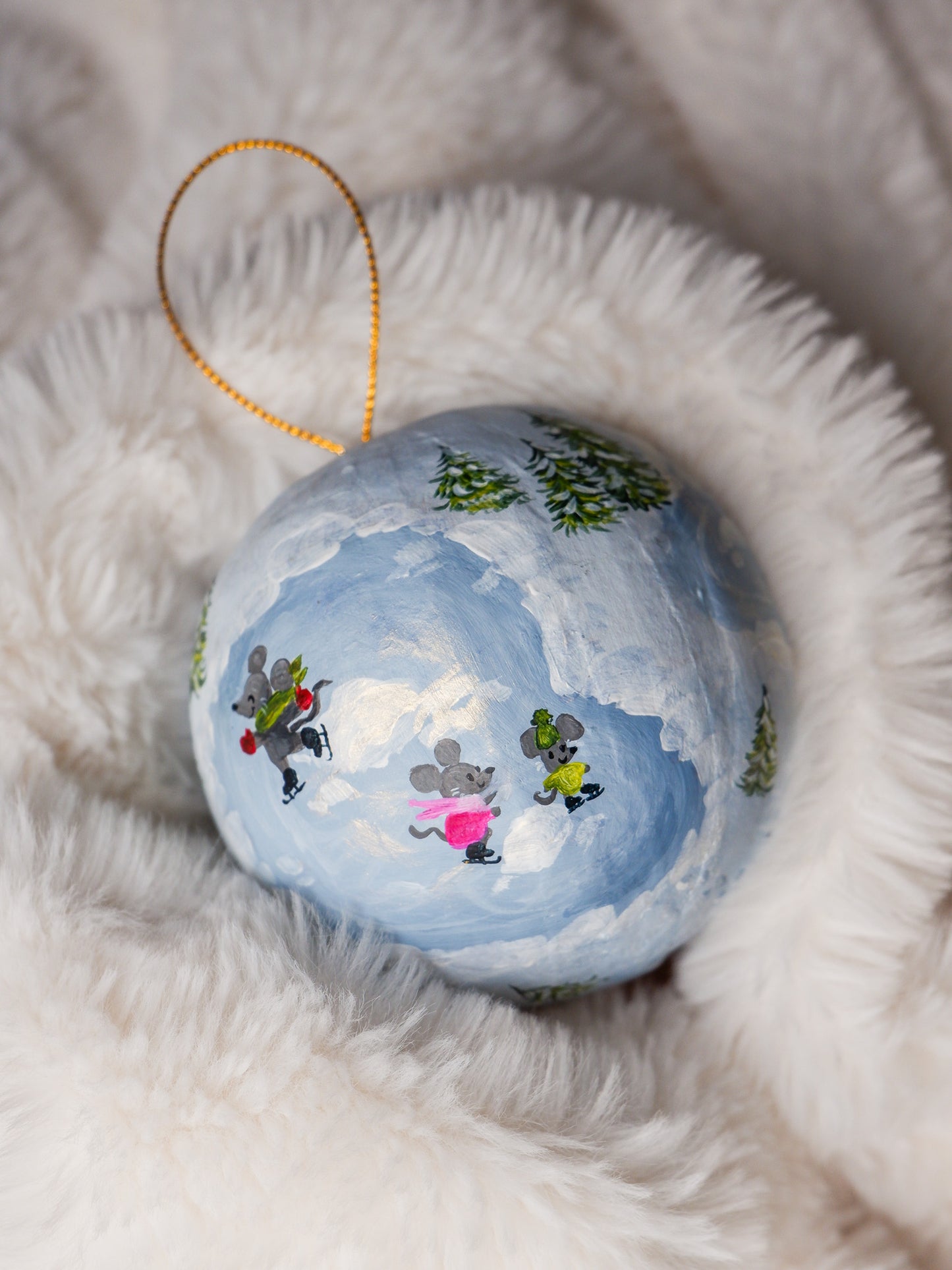 Ice Skating Mice, Winter Fun - Hand-Painted Heirloom Ornament