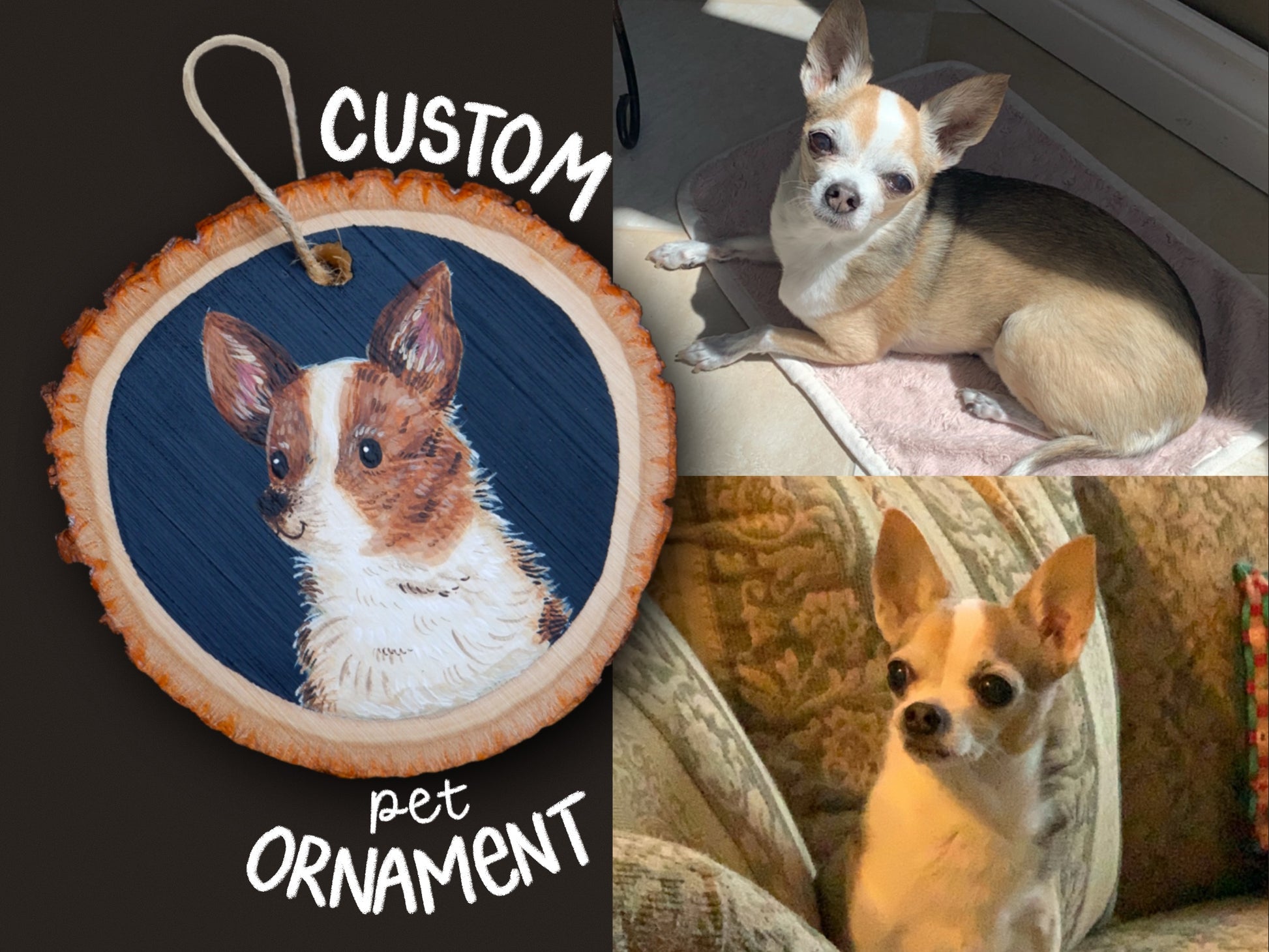 Collage of a custom pet ornament with a dog's face and two photos of a small dog.