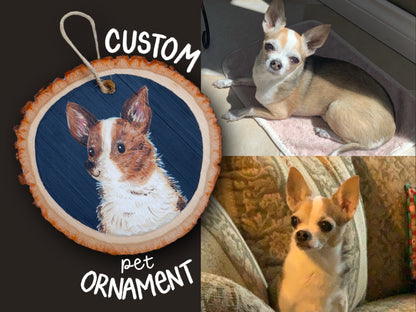 Collage of a custom pet ornament with a dog's face and two photos of a small dog.