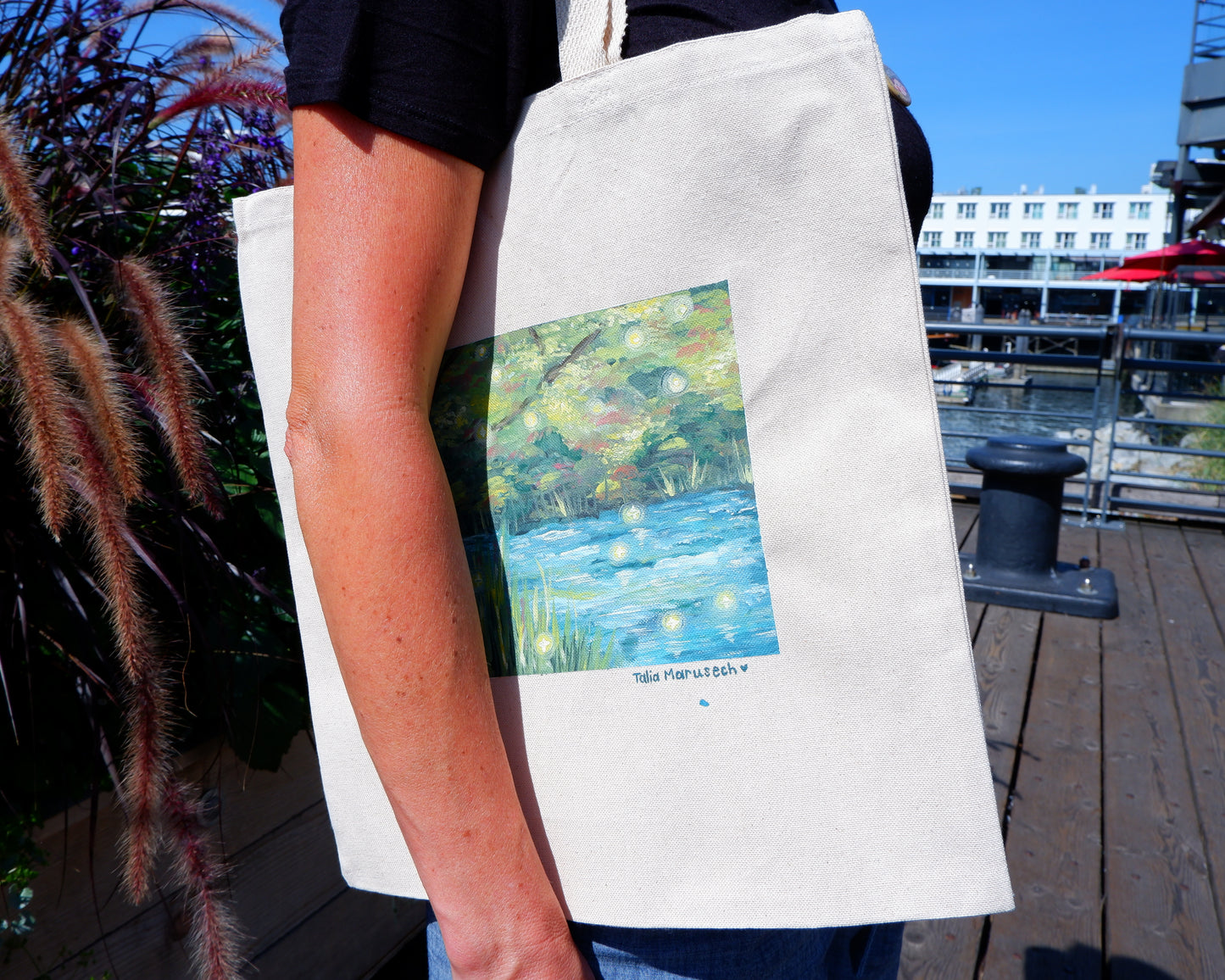 Hand Painted Firefly Pond Tote Bag