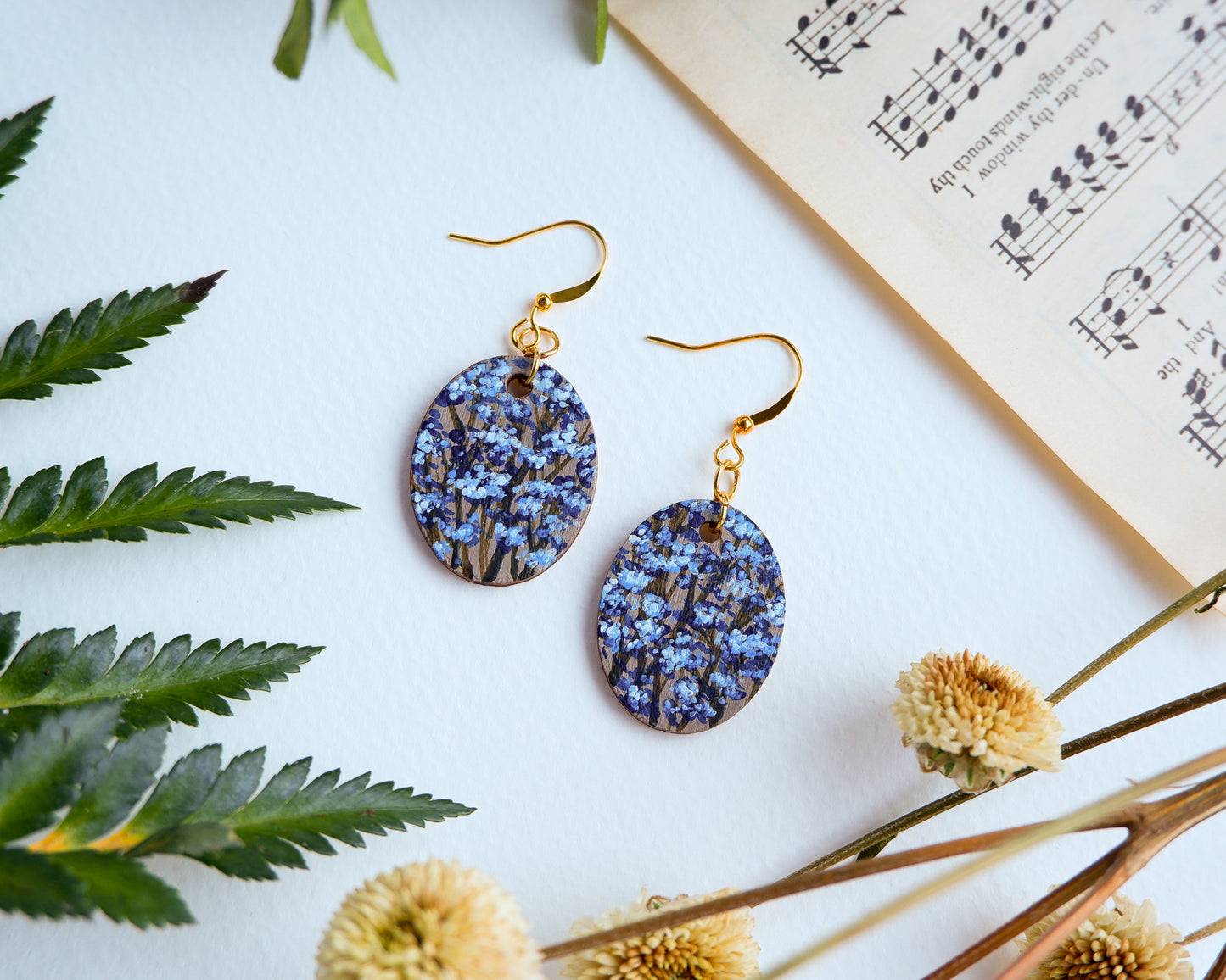 Hand-Painted Earrings - Baby's Breath (Gypsophila), Blue