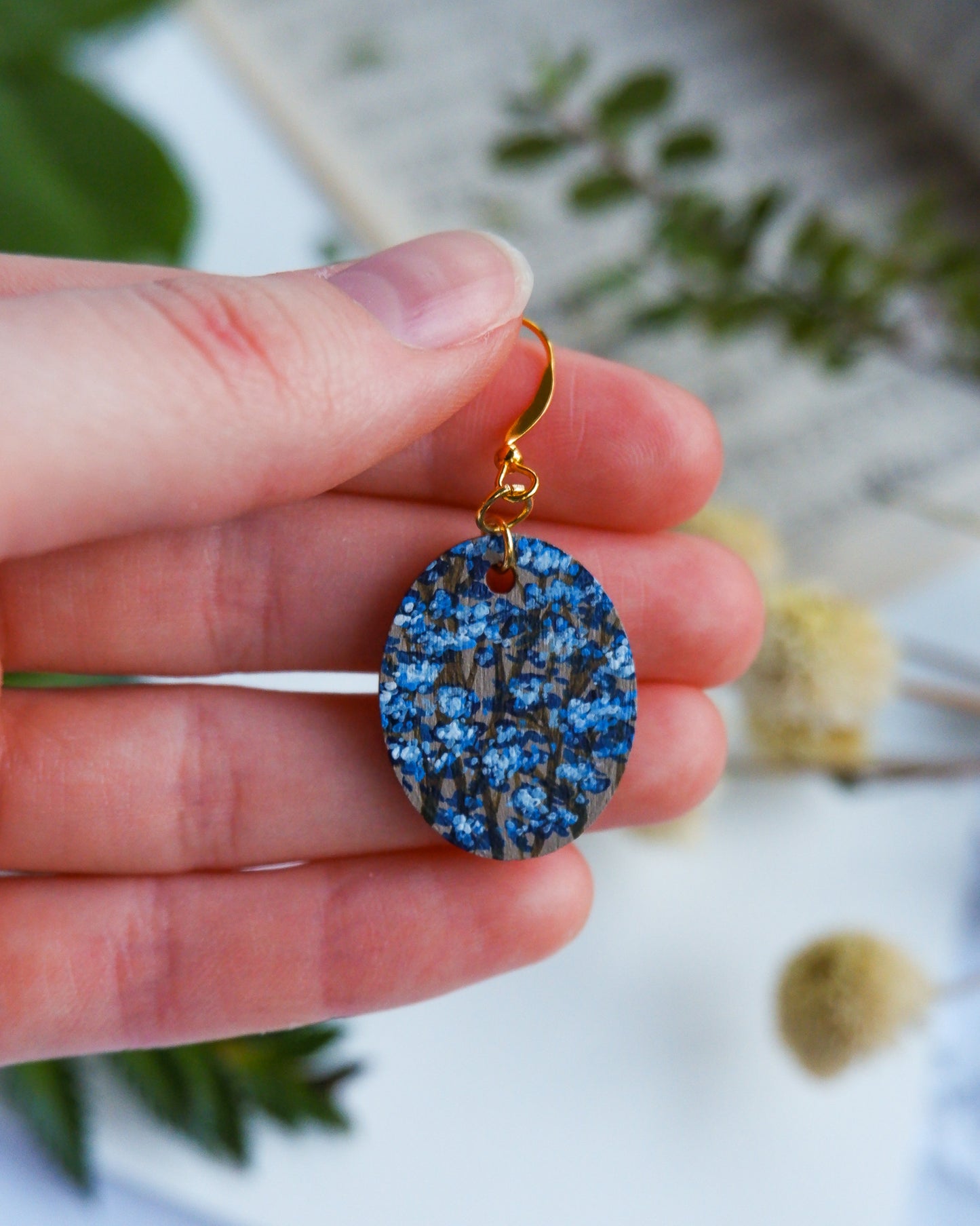 Hand-Painted Earrings - Baby's Breath (Gypsophila), Blue