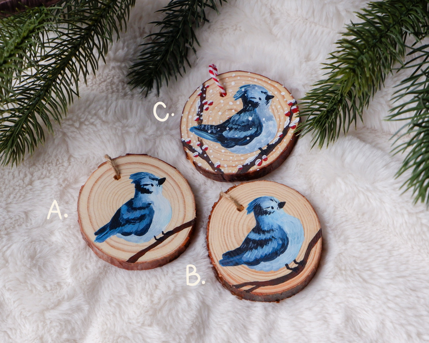 Winter Bluejay Ornament - Hand-Painted Ornaments (3)