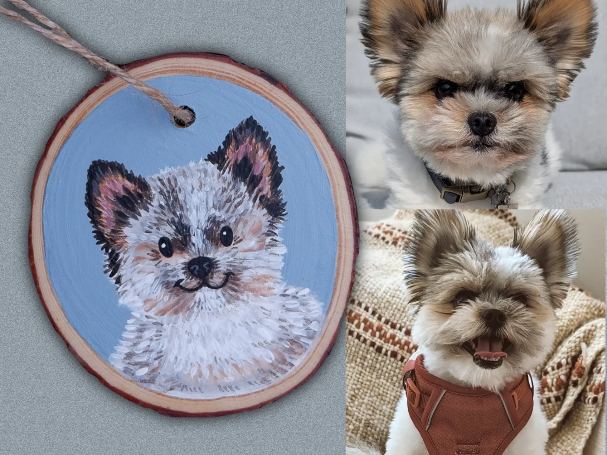Wooden ornament with a dog's face painting and two photos of a real dog.
