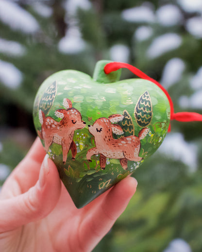 Two Deer in a Heart -  Hand-Painted Ceramic Ornament