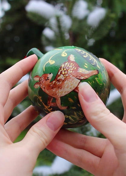 Deer Frolicking in the Forest - Round Hand-Painted Ceramic Ornament